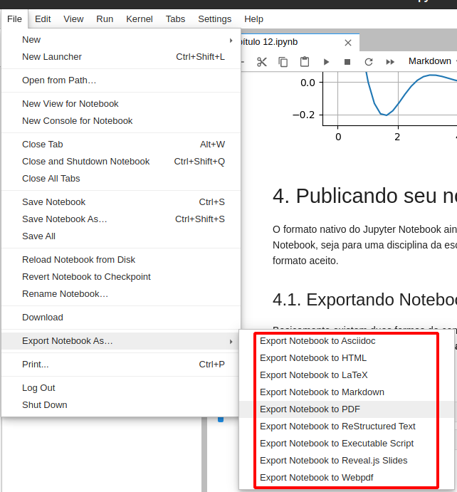 Opções de importação no menu do Jupyter