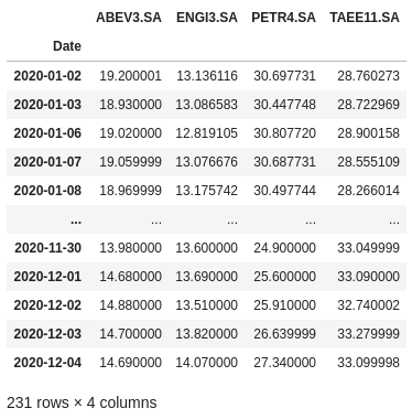 Dataframe de ativos